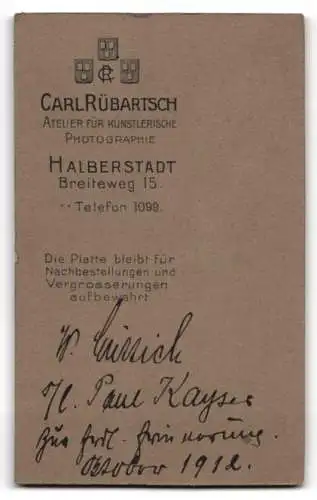 Fotografie Carl Rübartsch, Halberstadt, Breiteweg 15, W. Euttich im Porträt