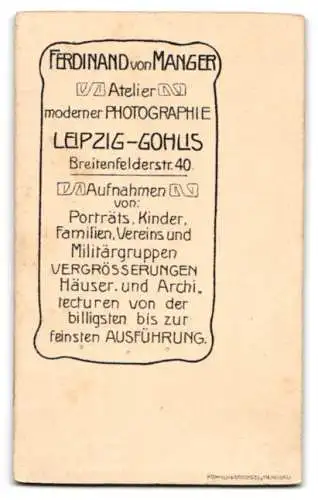 Fotografie Ferdinand von Manger, Leipzig-Gohlis, Breitenfelderstr. 40, Porträt eines Soldaten in Uniform