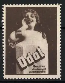 Reklamemarke Odol, Frau mit Mundwasser