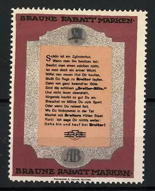 Reklamemarke München, A. Breitler Hut - Fabrikation, Braune Rabatt-Marken, Zylinderhut und Gedicht