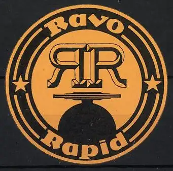 Reklamemarke Ravo Rapid, RR Logo, Sterne und Ringdesign