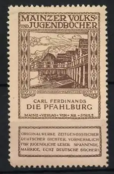 Reklamemarke Mainz, Volks - und Jugendbücher, Carl Ferdinands Die Pfahlburg, Stadtansicht