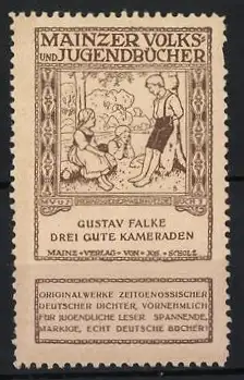 Reklamemarke Mainz, Volks - und Jugendbücher, Drei gute Kameraden von Gustav Falke Kinder und Schafe