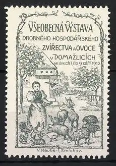 Reklamemarke Domažlice, Všeobecná Výstava 1913, Frau mit Tieren