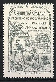 Reklamemarke Domažlice, Všeobecná Výstava 1913, Frau mit Tieren