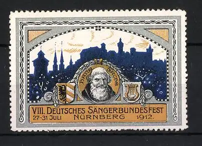 Reklamemarke Nürnberg, VIII. Deutsches Sängerbundesfest 1912, Stadtansicht und Porträt Hans Sachs