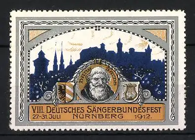 Reklamemarke Nürnberg, VIII. Deutsches Sängerbundesfest 1912, Stadtansicht und Hans Sachs Portrait