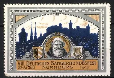 Reklamemarke Nürnberg, VIII. Deutsches Sängerbundesfest 1912, Hans Sachs Portrait und Stadtansicht