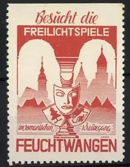 Reklamemarke Feuchtwangen, Besucht die Freilichtspiele, Theatermaske und Stadtsilhouette