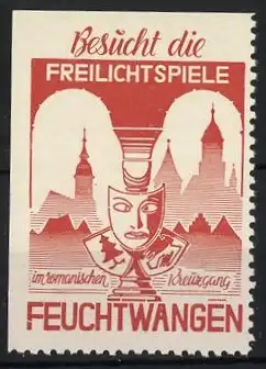 Reklamemarke Feuchtwangen, Besucht die Freilichtspiele, Maskensymbol und Stadtsilhouette