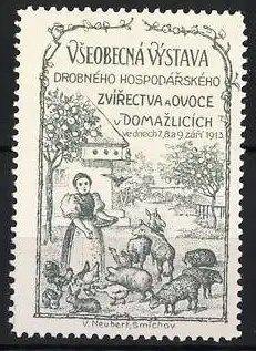 Reklamemarke Domažlice, Všeobecná Výstava 1913, Frau mit Tieren und Obstbaum