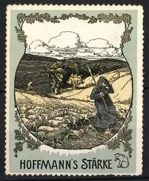 Reklamemarke Hoffmann`s Stärke, Schäfer mit Schafen, Landschaftsszene