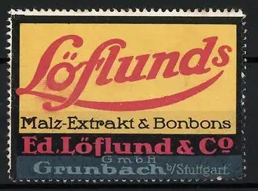 Reklamemarke Grunbach, Malz-Extrakt & Bonbons, Löflunds Schriftzug