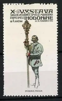 Reklamemarke Hodonín, X. Výstava 1913, Mann mit Stab