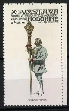 Reklamemarke Hodonín, X. Wystawa 1913, Mann mit Stab