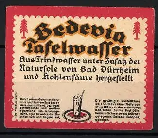 Reklamemarke Bad Dürrheim, Bedevia Tafelwasser, Glas mit Sprudelwasser