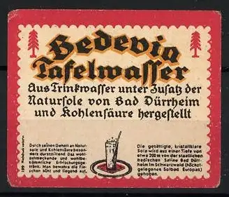 Reklamemarke Bad Dürrheim, Bedevia Tafelwasser, Trinkglas mit Tafelwasser