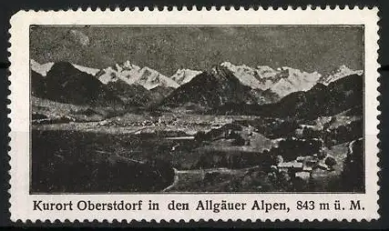 Reklamemarke Oberstdorf, Kurort in den Allgäuer Alpen, Berglandschaft 843 m ü. M