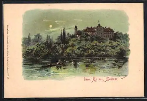 Lithographie Insel Mainau, Schloss, Ruderboot auf dem See