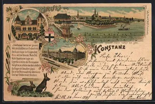 Lithographie Konstanz, Rathaushof, Bahnhof, Kais. Oberpostdirection, Hafenansicht, Hase