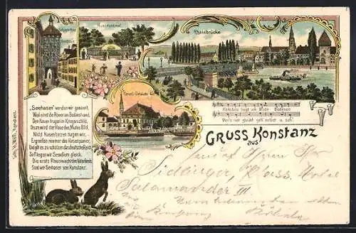 Lithographie Konstanz, Concil-Gebäude, Hussdenkmal, Schnetzthor, Husshaus, Rheinbrücke, Dampfer, Seehasen, Gedicht, Lied