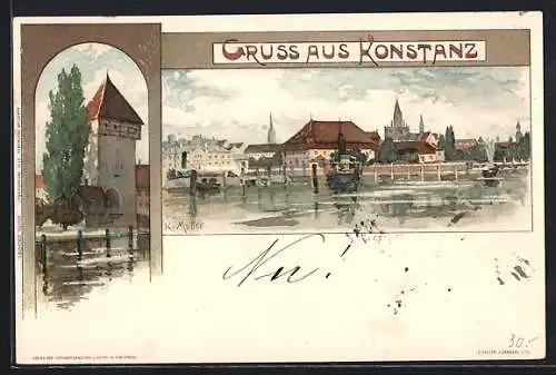 Künstler-Lithographie K. Mutter: Konstanz, Partie am See mit Rathaus und Dampfer, Wehrturm