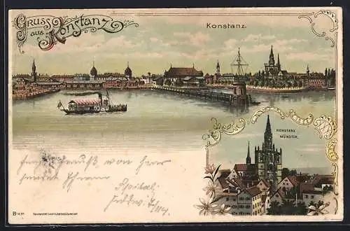 Lithographie Konstanz, Stadtansicht vom Hafen aus, das Münster