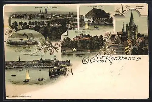 Lithographie Konstanz, Bodensee Dampfer, Landungssteg, Münster