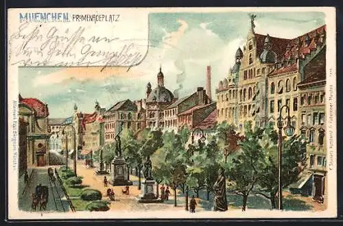 Lithographie München, Blick auf den Promenadeplatz