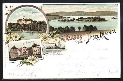Lithographie Insel Mainau, Landungsplatz mit Schloss, Schlosshof