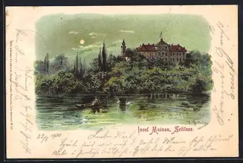Lithographie Insel Mainau, Schloss, Ruderboot auf dem See
