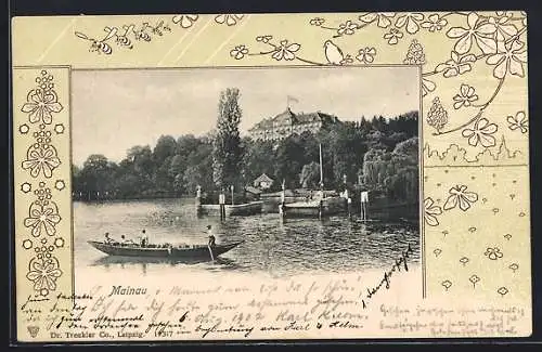 AK Mainau, Uferpartie mit Fischerkahn