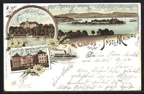 Lithographie Insel Mainau, Landungsplatz mit Schloss, Schlosshof