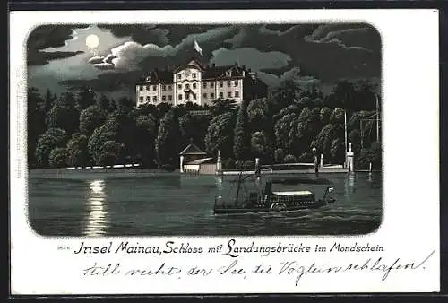 Lithographie Konstanz, Insel Mainau mit Schoss und Landungsbrücke