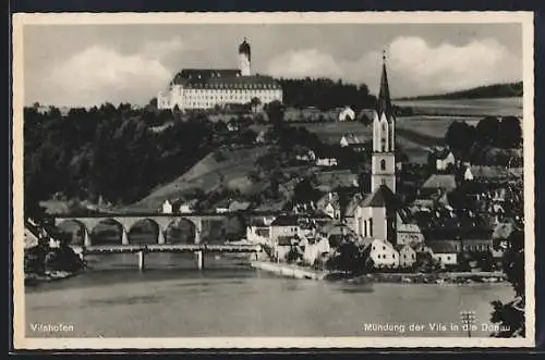 AK Vilshofen, Mündung der Vils und der Donau mit Wallfahrtskirche