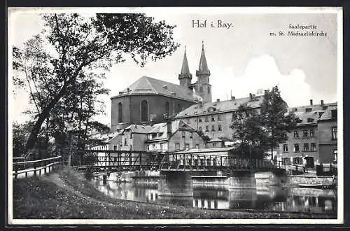 AK Hof i. Bay., Saalepartie mit St. Michaelis-Kirche