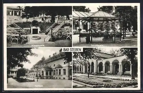 AK Bad Steben, Wiesenquelle, Tempelquelle, Wandelhalle, Kurhaus