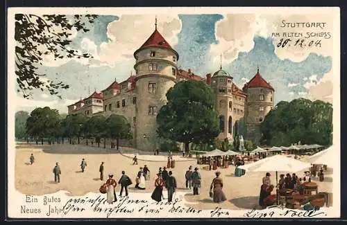 Künstler-AK Stuttgart, Marktstände und Passanten am Alten Schloss