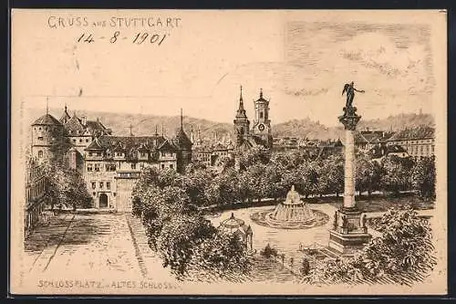 AK Stuttgart, Schlossplatz und Altes Schloss