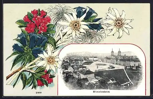 Passepartout-Lithographie Einsiedeln, Gesamtansicht mit Kloster, Blumenstrauss mit Edelweiss