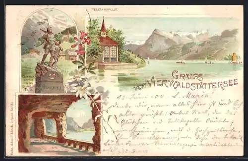 Lithographie Tellskapelle, Wilhelm-Tell-Denkmal, Axenstrasse, Flüelen, Pavillon am See um 1900, Blumen