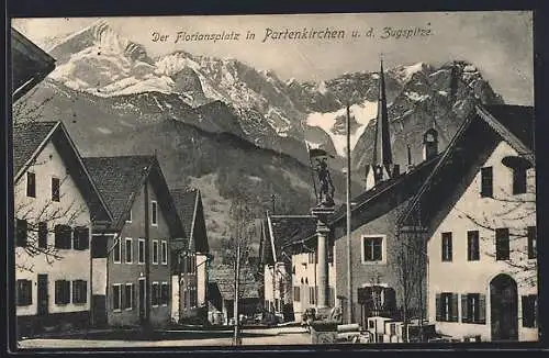 AK Partenkirchen, Floriansplatz mit Zugspitze