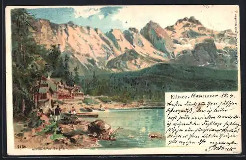 Lithographie Eibsee, Ortsansicht aus der Vogelschau