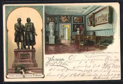 Lithographie Weimar / Thüringen, Goethe- und Schillerdenkmal, Gesellschaftszimmer im Goethe-Nationalmuseum