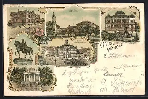 Lithographie Weimar / Thüringen, Rathaus mit Marktplatz, Museum, Herbarium Hausknecht, Römisches Haus