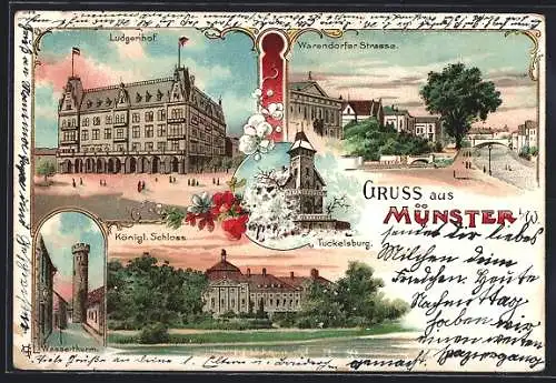 Lithographie Münster i. W., Hôtel Ludgerihof, Köngliches Schloss, Tuckelsburg