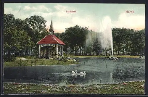 AK Herne, Teich und Pavillon im Stadtpark