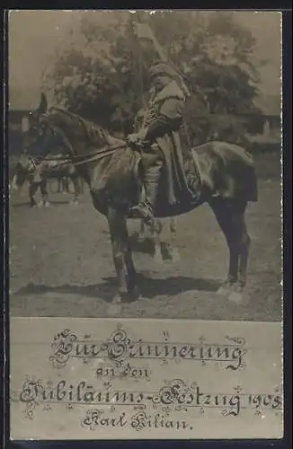 Foto-AK Karl Kilian in historischer Verkleidung zu Pferde, Kaiser-Jubiläums-Huldigungs-Festzug 1908