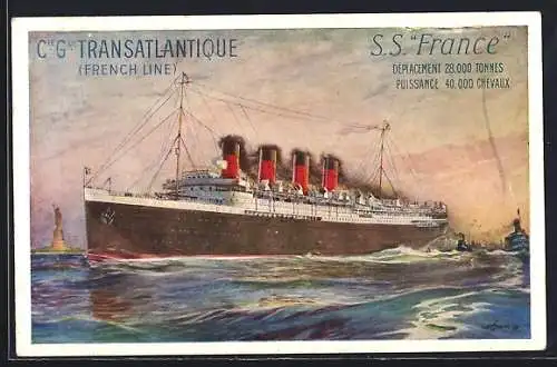 Künstler-AK Passagierschiff S.S. France bei hohem Wellengang an der Küste von New York