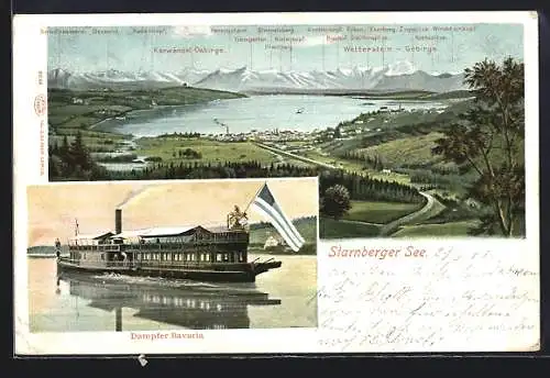 AK Starnberger See, Panorama und Dampfer Bavaria auf dem See